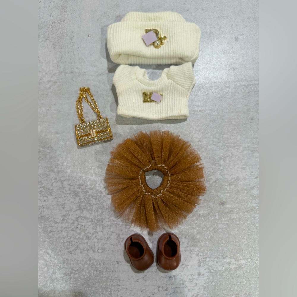 Labubu 5 piece outfit. White brown theme. Hat, top, tutu shoes and handbag.